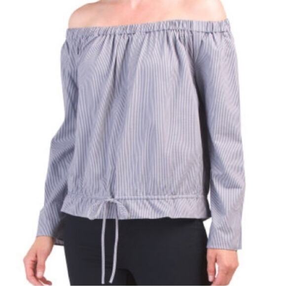 Theory Odettah Off Shoulder Seersucker blue and white striped blouse top fall - Picture 2 of 9